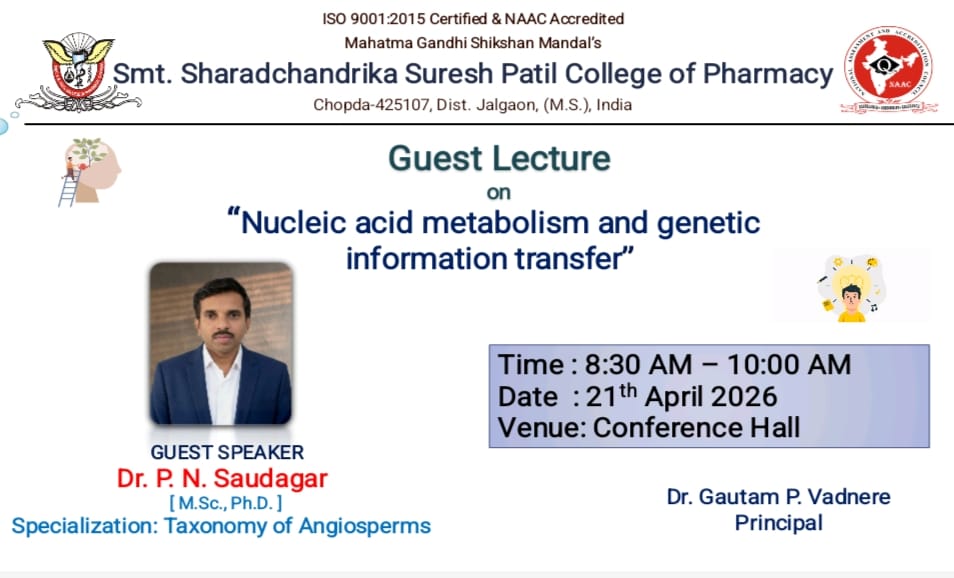 We are pleased to share that a Guest Lecture on “Nucleic Acid Metabolism and Genetic Information Transfer” was successfully conducted at Smt. Sharadchandrika Suresh Patil College of Pharmacy, Chopda o